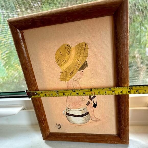 Vintage Framed Paintings Boy And Girl on Chamber Pots, set of 2 - Picture 9 of 11